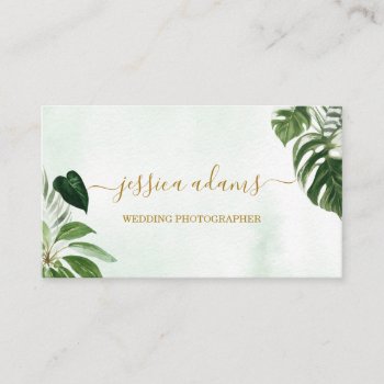 Minimalist Green Tropical Leaf Watercolor Wedding Business Card by melanileestyle at Zazzle