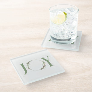 Minimalist Green Watercolor Wreath Joy Christmas Glass Coaster