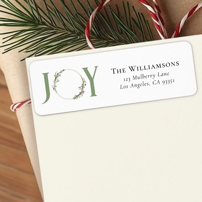 Minimalist Green Watercolor Wreath Joy Christmas Label (Creator Uploaded)