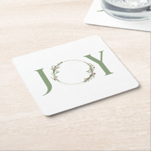 Minimalist Green Watercolor Wreath Joy Christmas Square Paper Coaster