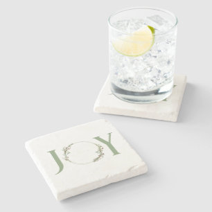 Minimalist Green Watercolor Wreath Joy Christmas Stone Coaster