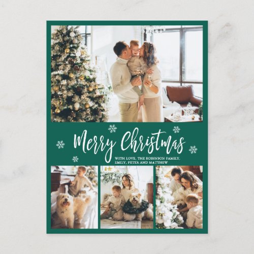 Minimalist Green White 4 Photo Collage Christmas Postcard