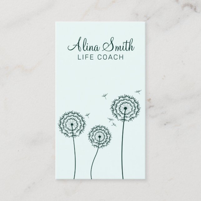 Minimalist Green White Dandelion Flower Life Coach Business Card (Front)
