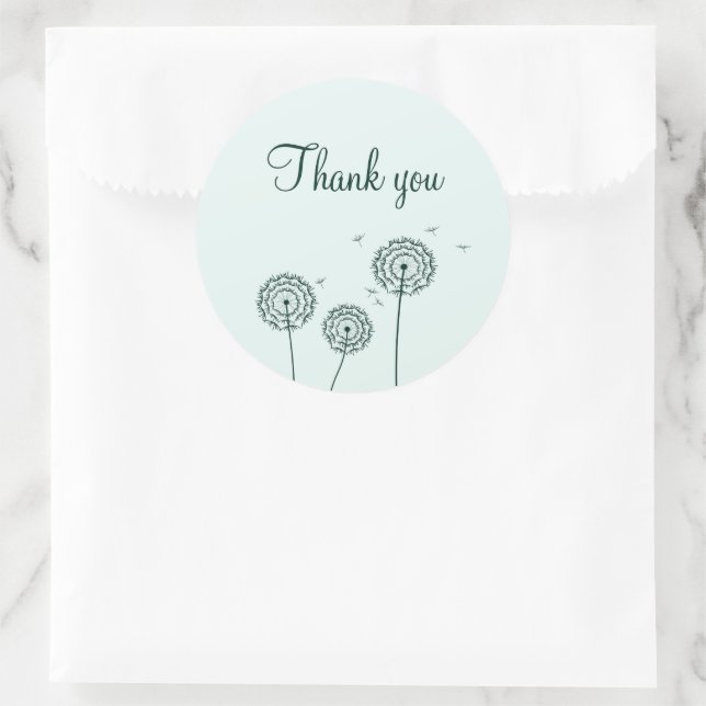 Minimalist Green White Dandelion Flower Thank You  Classic Round Sticker (Bag)