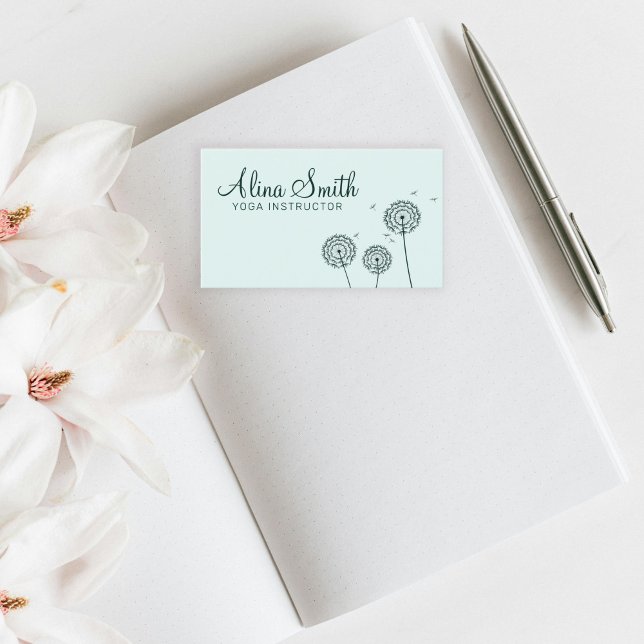 Minimalist Green White Dandelion Flower Yoga  Business Card (Creator Uploaded)