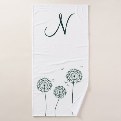 Minimalist Green White Dandelion Monogram Floral  Bath Towel Set