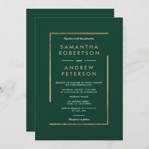 Minimalist green white gold chic elegant wedding invitation