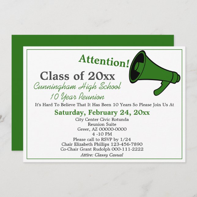 Minimalist Green White High School Class Reunion Invitation (Front/Back)