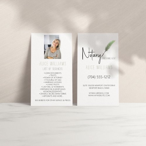 Minimalist Green  White Notary Photo Vertical Business Card