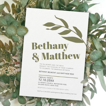 Minimalist Green White Olive Leaves Wedding Invitation by mylittleedenweddings at Zazzle