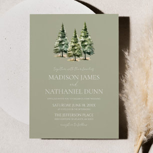 Minimalist Green Winter Snowy Pine Trees Wedding Invitation