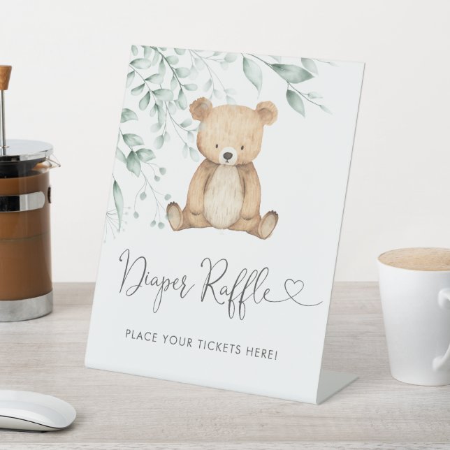  Minimalist Greenery Bear Diaper Raffle  Pedestal Sign (In SItu)