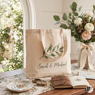 Minimalist Greenery Botanical Personalized Wedding Large Tote Bag