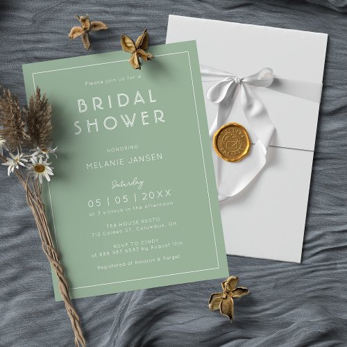 Minimalist Greenery Bridal Shower  Sage Green Invitation