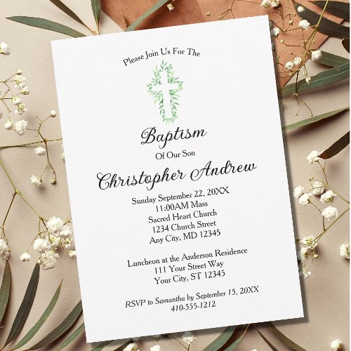 Minimalist Greenery Cross Baptism Christening Invitation