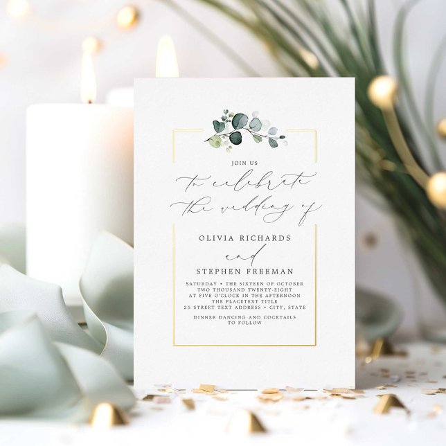 Minimalist Greenery Elegant Script Font Wedding Foil Invitation (Elegant Calligraphy Wedding Invitations)