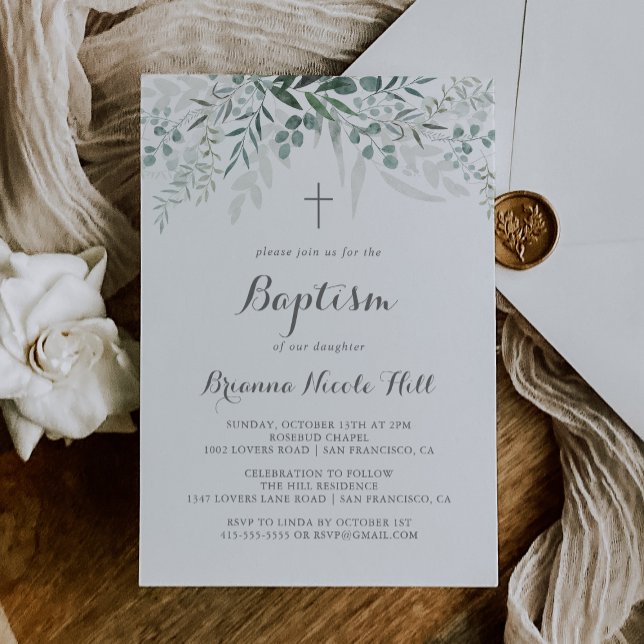 Minimalist Greenery Eucalyptus Calligraphy Baptism Invitation (Creator Uploaded)