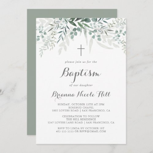 Minimalist Greenery Eucalyptus Calligraphy Baptism Invitation