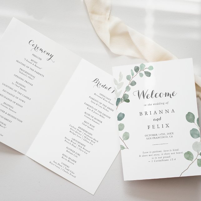 Minimalist Greenery Eucalyptus Folded Wedding Program (Creator Uploaded)
