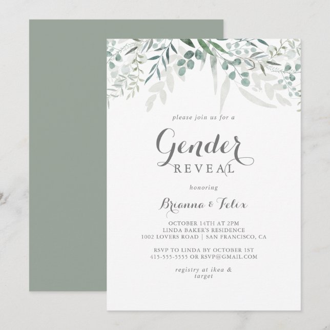 Minimalist Greenery Eucalyptus Gender Reveal Party Invitation (Front/Back)