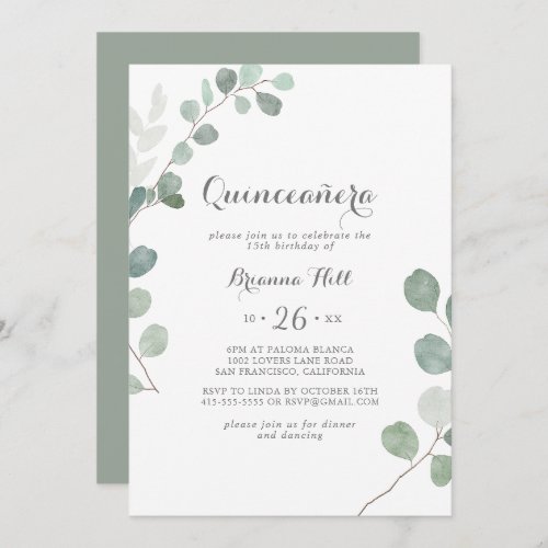 Minimalist Greenery Eucalyptus Quinceaera Invitation