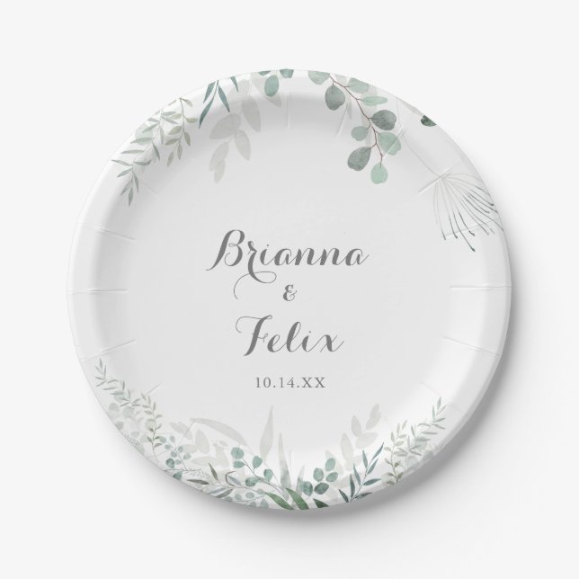 Minimalist Greenery Eucalyptus Wedding Cake Paper Plates (Front)