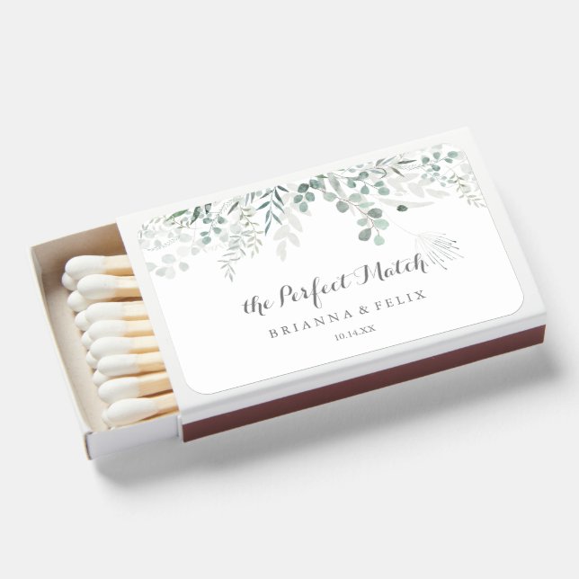 Minimalist Greenery Eucalyptus Wedding Favor Matchboxes (Front Open)