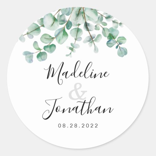 Minimalist Greenery Floral Eucalyptus Wedding Classic Round Sticker