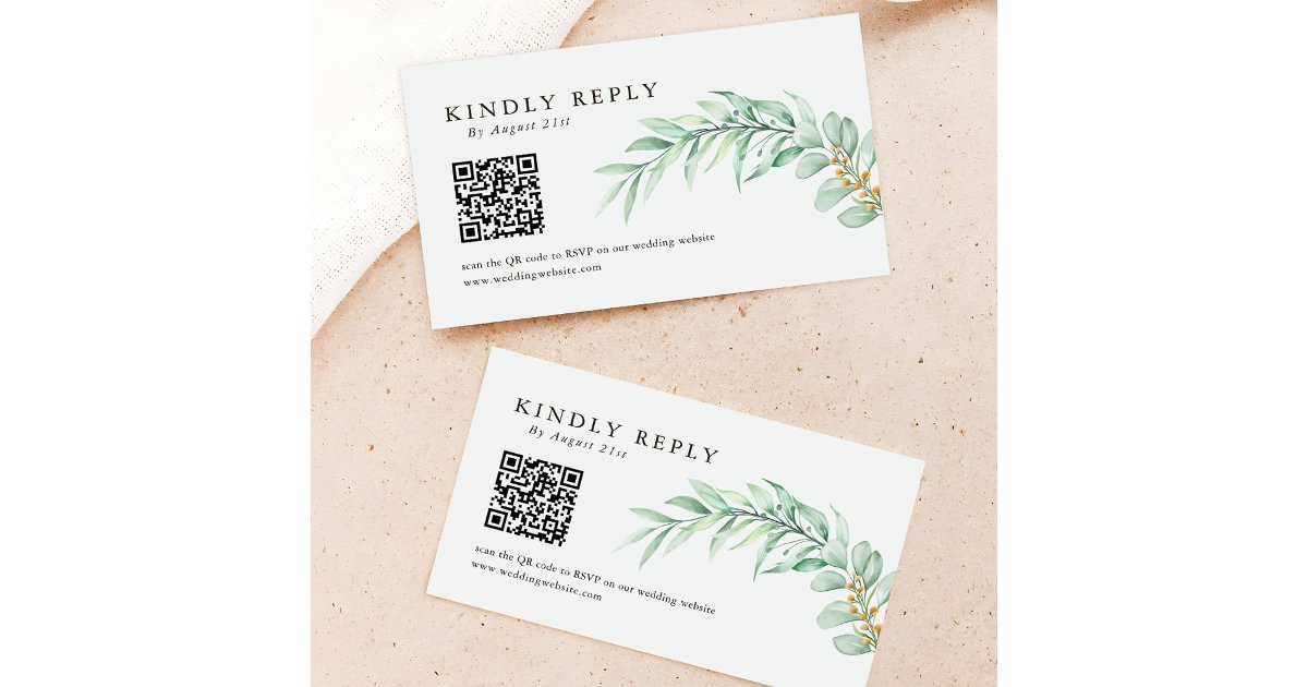 Minimalist Greenery Foliage QR CODE Wedding RSVP Note Card | Zazzle
