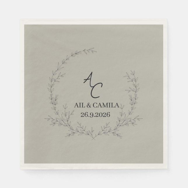 Minimalist Greenery Foliage Script Initial Wedding Napkins (Front)