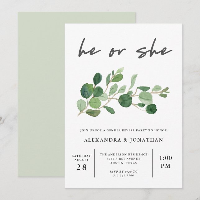 Minimalist Greenery | Gender Reveal Party Invitation (Front/Back)
