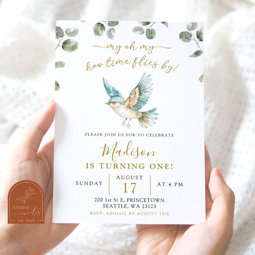 Minimalist Greenery Little Birdie Birthday Invitation