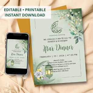 Minimalist Greenery Moon Ramadan Iftar Dinner Invitation
