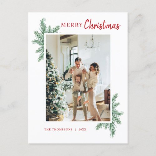Minimalist Greenery Pine Photo Red Merry Christmas Postcard