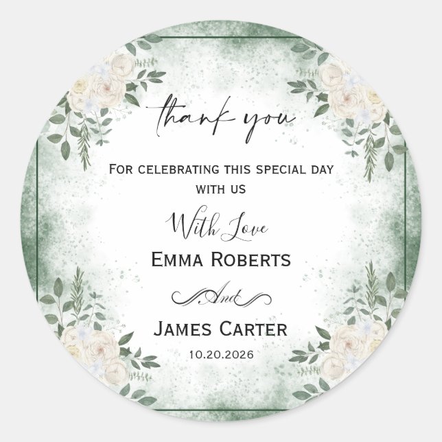 Minimalist Greenery Thank You Round Sticker (Front)