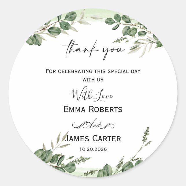 Minimalist Greenery Thank You Round Sticker (Front)