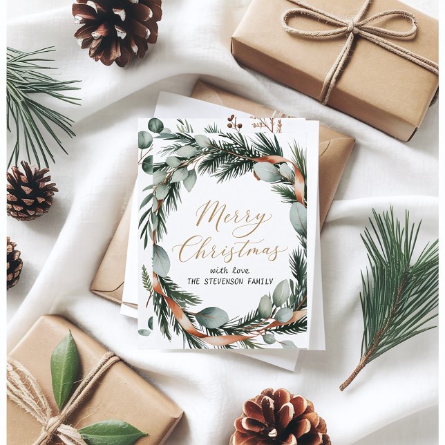 Minimalist Greenery Wreath Gold Script  Holiday Card (Creator Uploaded)
