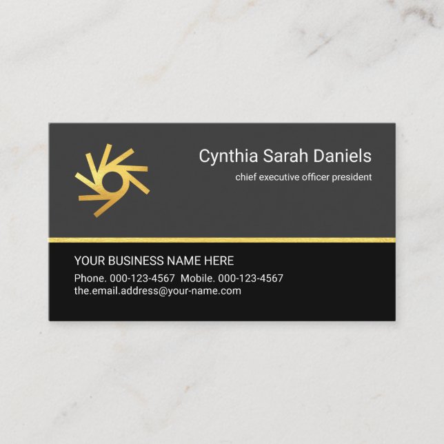Minimalist Grey Black Gold Line CEO Business Card (Front)
