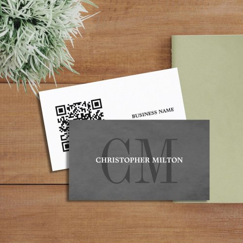 Minimalist Grey Bold Monogram QR code Consultant Business Card