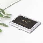 Minimalist Grey Gold Scissor Case For Business Cards<br><div class="desc">Elegant business card holder with gold scissor pattern and grey background.  You can add your monogram or name to it.</div>