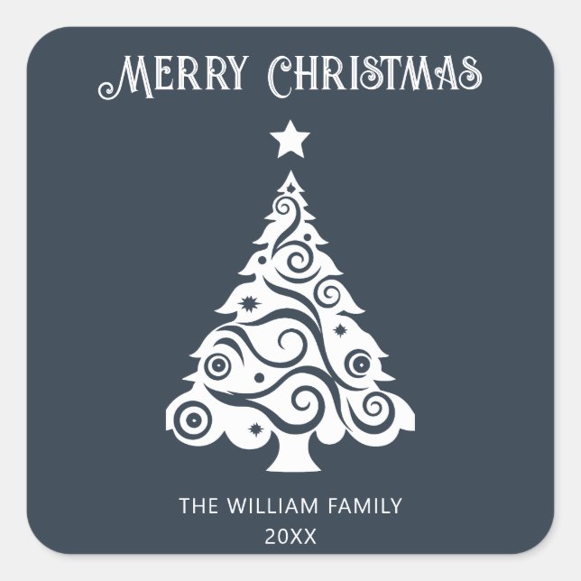 Minimalist Grey Merry Christmas Tree Holiday Gift Square Sticker (Front)