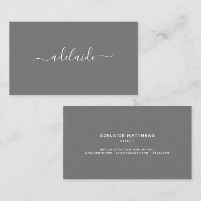 Minimalist Grey Salon hairstylist signature script Business Card (Front/Back)