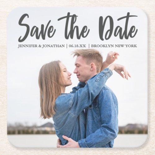 Minimalist Grey Script Couple Photo Save the Date Square Paper Coaster