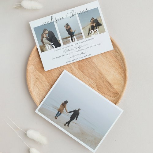 Minimalist Grey Script with photo collage wedding Invitation