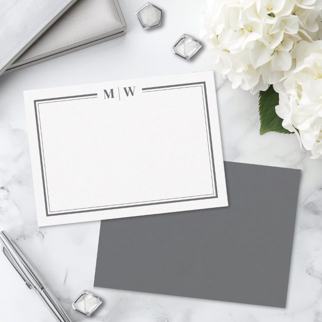 Minimalist Grey Two Border Monogram Note Card (Minimalist Grey Two Border Monogram Note Card )