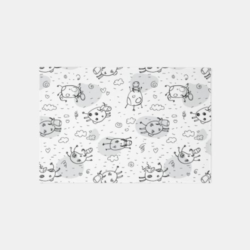 Minimalist Grey  White Cow Doodle Pattern Nursery Rug