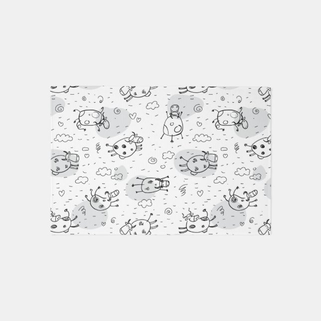 Minimalist Grey & White Cow Doodle Pattern Nursery Rug (Front)