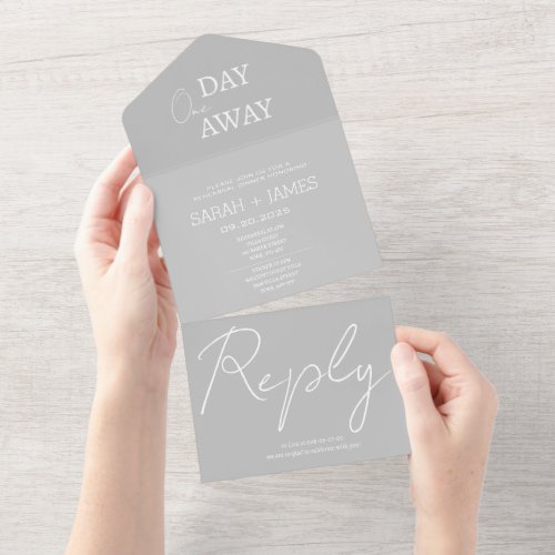 Minimalist Grey White One Day Away Wedding  All In One Invitation