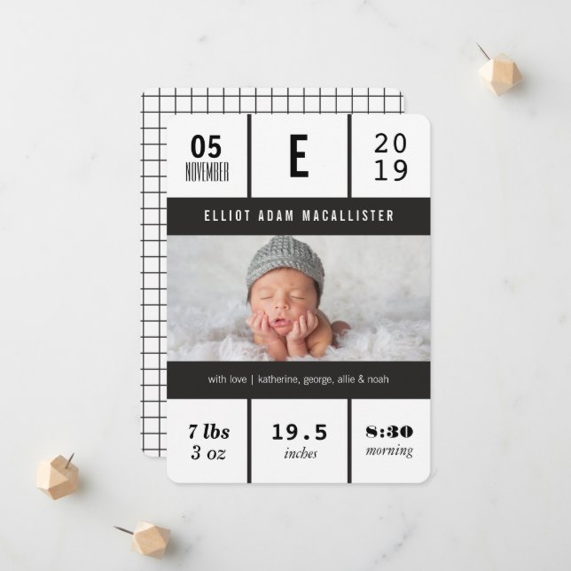 Minimalist Grid Baby Stats Photo Design Birth Announcement (Front/Back In Situ)