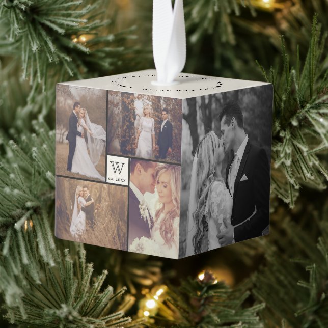 Minimalist Grid Lines Holiday Wedding 4 Photo Cube Ornament (Tree)